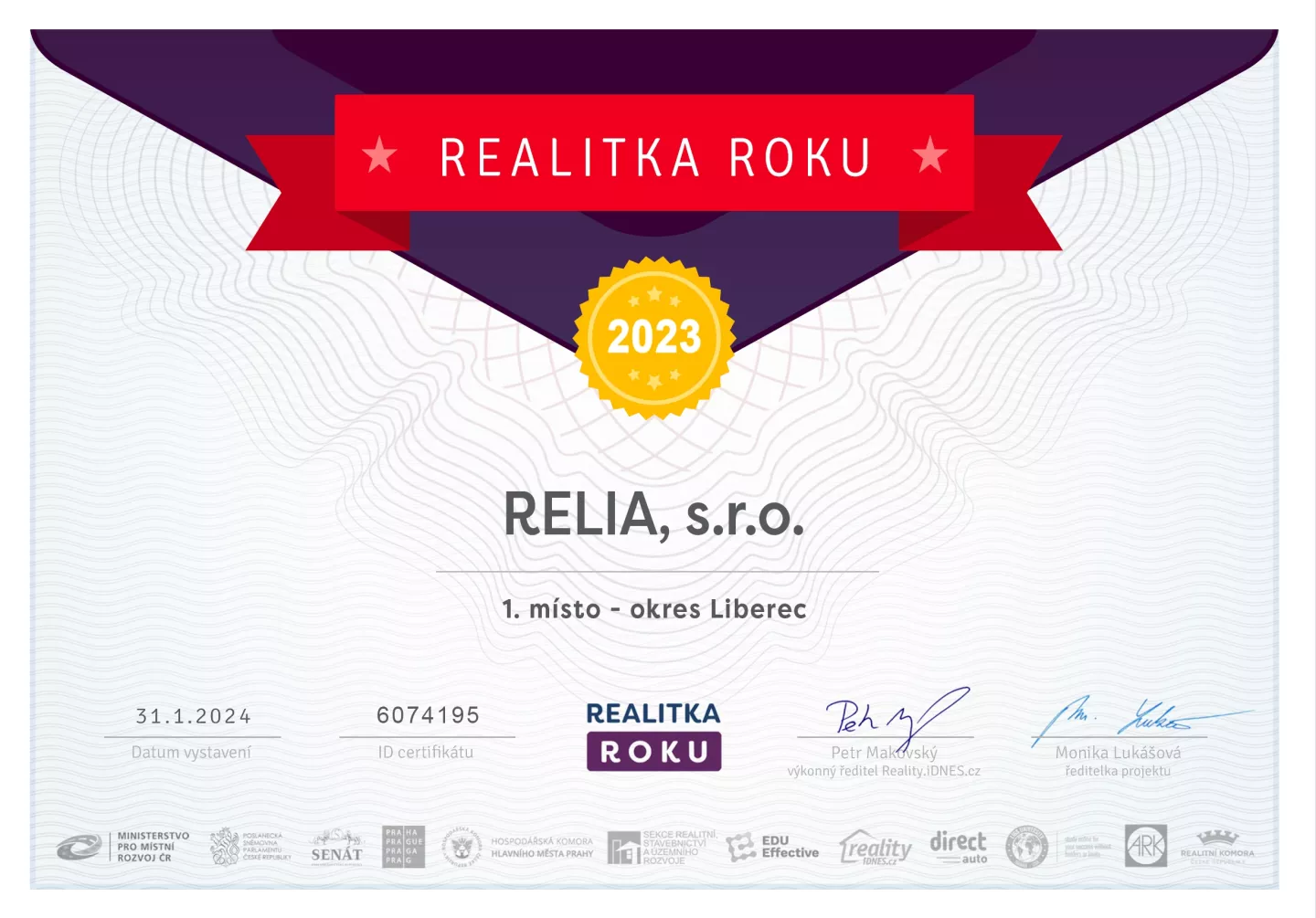 Diplom za vítězství v soutěži Realitka roku